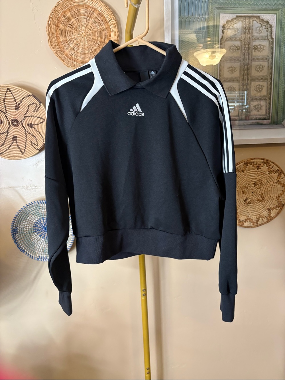 Adidas Black White Cropped Polo Collar Sweatshirt